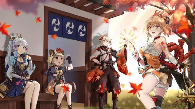 (2021) Ayaka & Yoimiya กับ Sayu & Kazuha - Genshin Impact (วิดีโอเกมอะนิเมะ) 4K วอลเปเปอร์