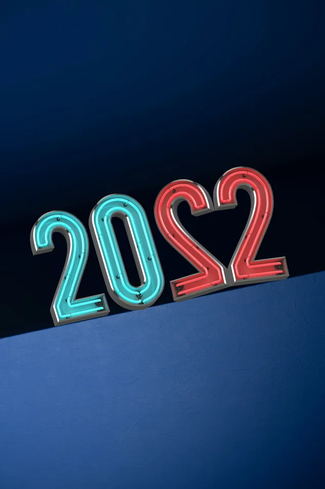 2022年のハート型の赤と青のネオン、新年