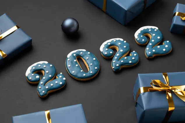 2022 nieuwjaarsbrief blauwe koekjes en ornamenten 6K achtergrond