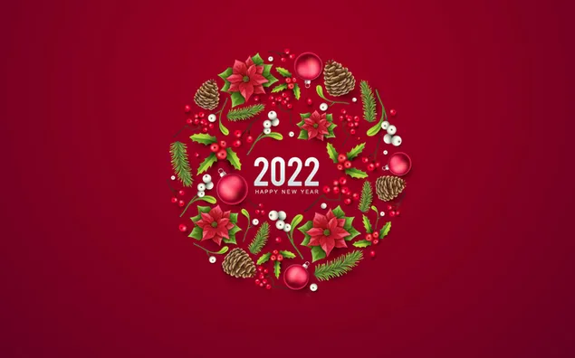 2022 new year over red gradient background and floral ornaments 4K wallpaper
