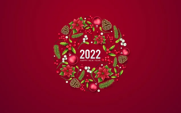 Nieuwjaar 2022 over rode gradiëntachtergrond en bloemenornamenten download