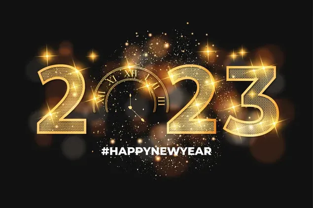 2023 nieuwe jaar hashtag en glitterklok