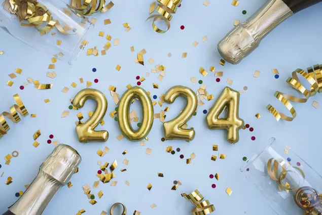 2024 nuwejaar sjampanje viering 2K muurpapier