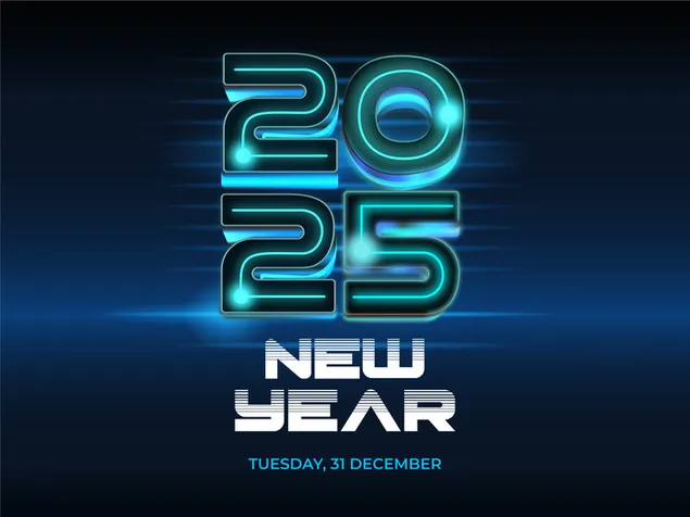 2025，新年快樂，藍色霓虹燈 2K 壁紙