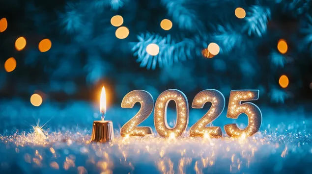 athbhliain faoi mhaise daoibh 2025 teacs le coinnle agus caloga sneachta agus machnamh ar chrainn ghiuis ioslodail