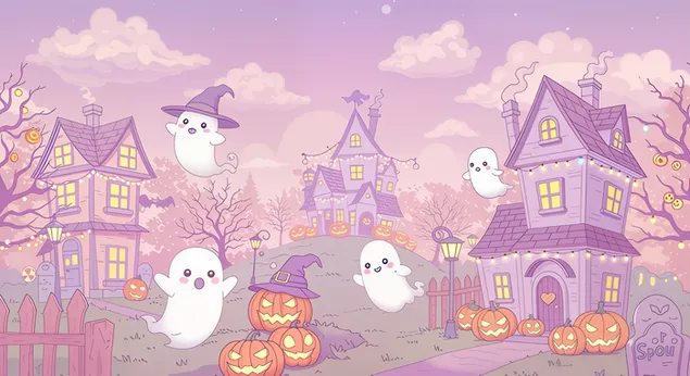 3. Carino villaggio spettrale: adorabile cittadina di Halloween dai colori pastello, con zucche sorridenti e fantasmi allegri. 2K sfondo