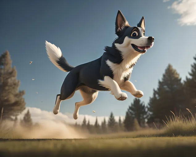 3D-schwarz-weißer Hund springt im Wald herunterladen