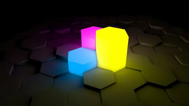 3D-blokken, blauw, roze, geel, donker