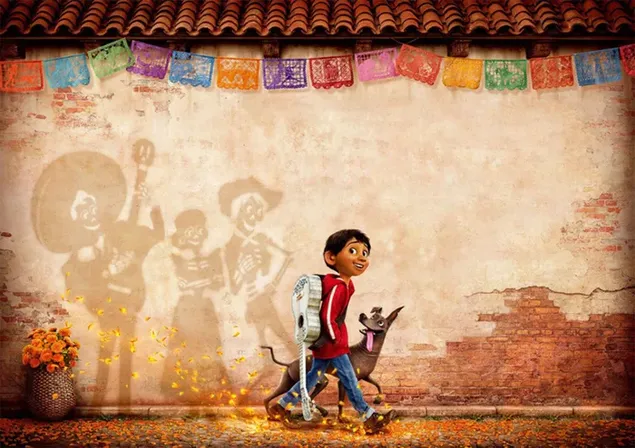 3D kompjuterska animacija dječji film Coco likovi dječak i pas šetaju ispred zida 2K pozadina