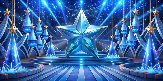 כוכבי קריסטל תלת מימדיים עם סרטים על רקע כחול, סצנת טקס פרסי יוקרה 4K טפט