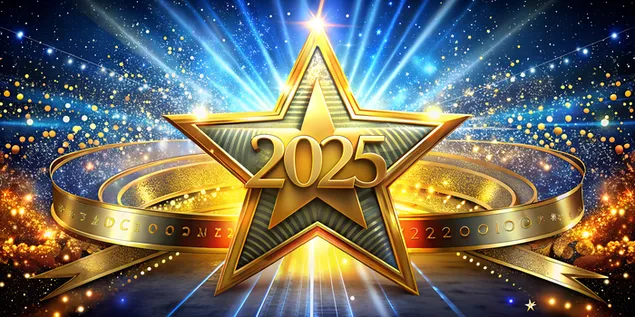 3D Gold Star mat Ribbon, Glitter a Bokeh fir Luxus 2025 Neijoersfeier 4K Tapeten