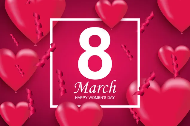 8. märz Happy Women's Day Schriftzug in einem weißen Rahmen mit roten Herzen an den Rändern herunterladen