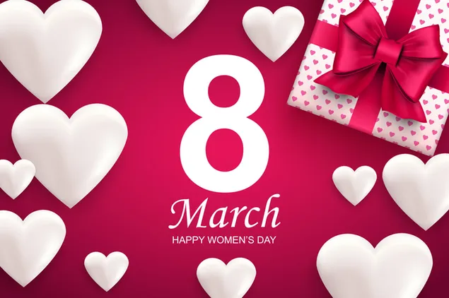 8 march happy women's day lettering with white hearts and gift box on the edges and red background