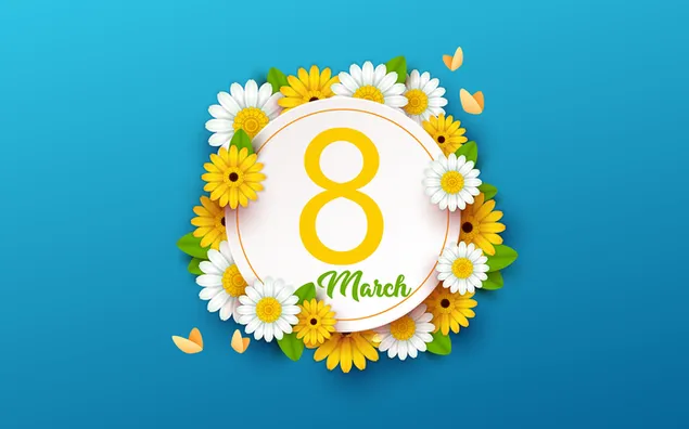 Der 8. März ist der Frauentag mit weißem und gelbem Gänseblümchen-Blumendesign 2K Hintergrundbild