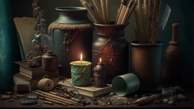 3D-рендер старого стола свечника, заполненного беспорядком, инструментами и свечами. Придает вашему рабочему столу приятную теплую атмосферу. 4K обои