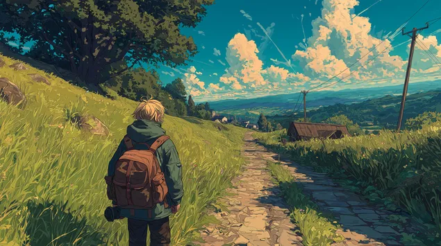 시골길을 걷는 젊은 하이커의 뒷모습 2K 배경화면