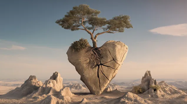 Golo drvo raste iz kamenog srca, njegovo korijenje puca po suhom, pustom krajoliku 2K pozadina