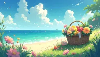 A basket overflowing with fruits and flowers sits near a calm ocean beach, ready for a relaxing picnic Perfect for summer and travel themes. 8K wallpaper