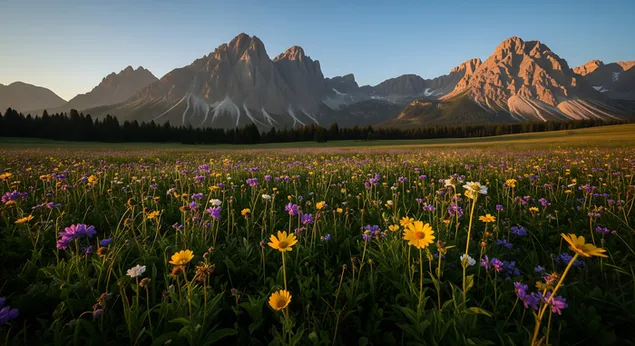 prekrasna alpska livada prepuna je sarenog divljeg cvijeca pri izlasku sunca, okruzena dramaticnim planinskim vrhovima i vedrim nebom. preuzmi