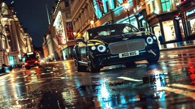 Шпалери Bentley Continental GT, припаркований на гамірній вулиці Лондона дощової ночі. 8K