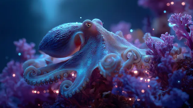 um polvo bioluminescente em um recife de coral em uma cena de oceano profundo download