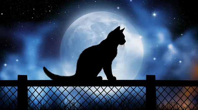 Seekor kucing hitam duduk dengan anggun di pagar, di bawah langit malam berbintang yang luas. 2K wallpaper