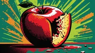 팝아트의 대담한 표현: 한입 베어 물면 과즙이 풍부한 빨간 사과의 생기 넘치는 에너지를 포착한 일러스트레이션 8K 배경화면