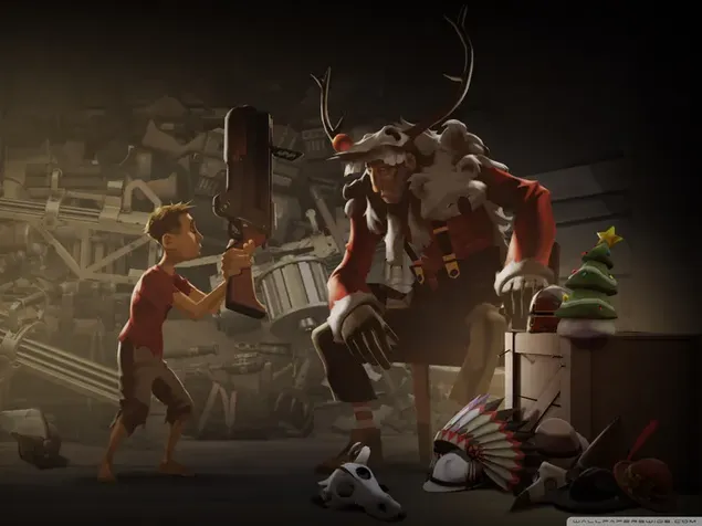 一个男孩把枪给圣诞老人打手 2K 壁纸