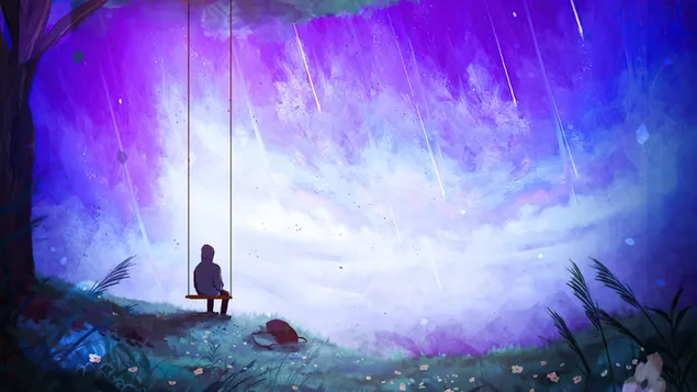 一个男孩在树上荡秋千 4K 壁纸