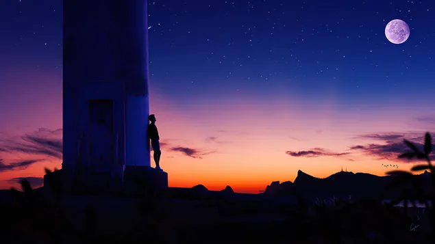 Ταπετσαρία Ένα αγόρι που κοιτάζει την ανατολή του φεγγαριού 4K