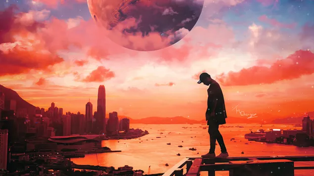 Tapeta Chlapec dosáhl výšin města poblíž Měsíce 4K