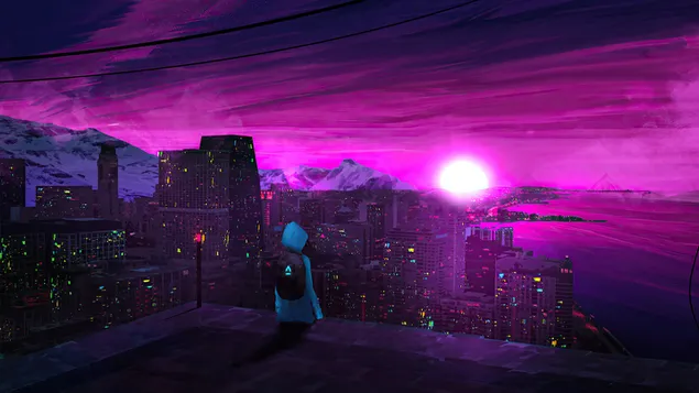 ילד עומד לבדו על המרפסת וצופה בשקיעה 4K טפט