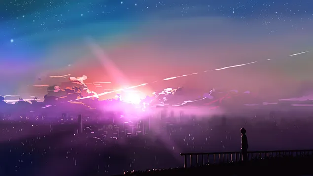 Seorang anak laki-laki berdiri sendirian menyaksikan matahari terbit 4K wallpaper