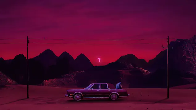 차 위로 떠오르는 달을 바라보는 소년 4K 배경화면