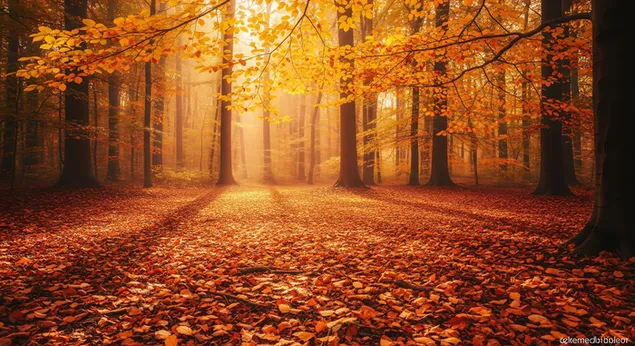 'n asemrowende herfsbos-toneel met goue sonlig wat deur hoe bome stroom en 'n tapyt van helder gevalle blare, wat 'n warm, magiese a skep. aflaai