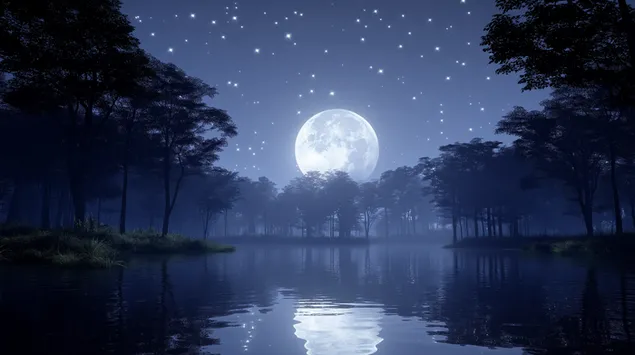 Kvapą gniaužianti pilnatis ryškiai šviečia virš ramaus ežero 2K ekrano užsklanda