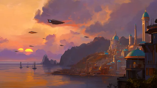 Tapeta Úchvatné futuristické mesto pri západe slnka s kupolami, plachetnicami a lietajúcimi vozidlami 2K