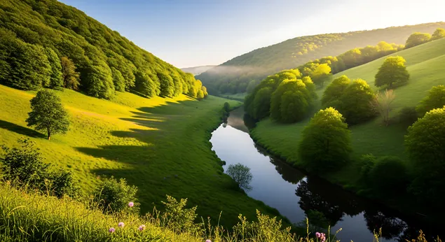 一条静谧的河流蜿蜒流淌在郁郁葱葱的山谷中，四周环绕着阳光普照的山丘和茂密的森林，景色令人叹为观止。 8K 壁纸