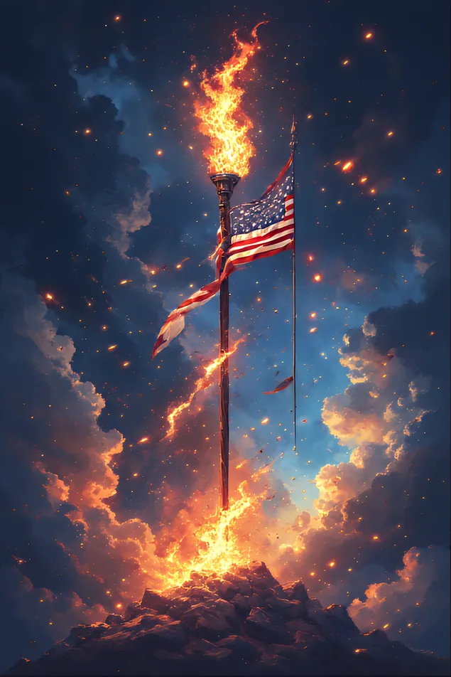 yarkiy svet fakela otrazhaetsya na razvevayushchemsya flage, simvoliziruya vechnoe muzhestvo i nesgibaemyy dukh geroev. skachat'