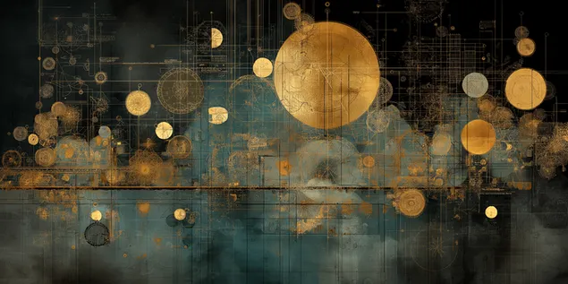 En himmelsk och abstrakt teknisk ritning med gyllene cirklar 2K bakgrund