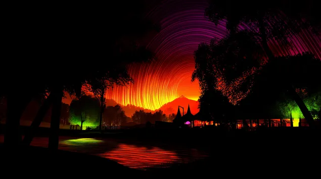 Небеско ноћно небо са светлим звезданим траговима и реком 2K позадина