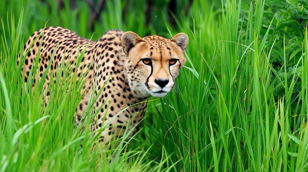 Një gepard që ecën nëpër bar të gjatë të gjelbër 2K sfond