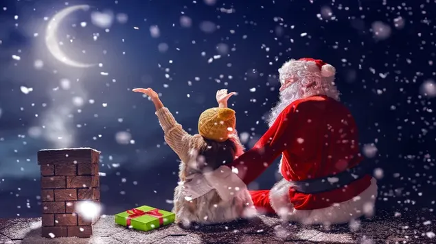サンタさんと一緒にクリスマスナイトを楽しむ子供 4K 壁紙