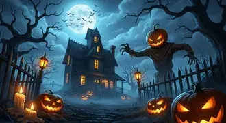 Tapeta Mrazivá halloweenská noc se strašidelným domem, svítícími dýněmi a strašidelným strašákem. 2K