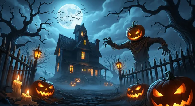 ليلة هالوين مرعبة مع منزل مسكون، ويقطين متوهج، وفزاعة مخيفة. 2K خلفية