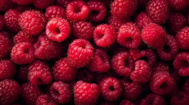 Tapeta Detailný záber čerstvých, kyprých a žiarivo červených malín v plnom zábere 2K