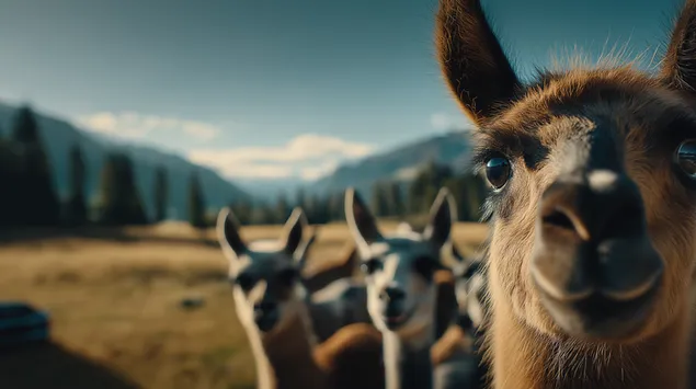 Et nærbillede af en nysgerrig alpaca, der kigger direkte ind i kameraet 2K baggrundsbillede