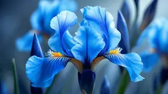 a close-up of a stunning blue iris flower in full bloom, showcasing its delicate petals, vibrant colors, and fine natural details for a fresh and eleg