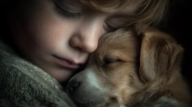 Eng Nahaufnahme vun engem Kand, dat e klenge Welpen ëmklammert 2K Tapeten