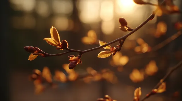 Eng Nahaufnahme vu frësche Knospen a jonke Blieder, déi am waarme, gëllene Sonneliicht gebadet sinn. 2K Tapeten
